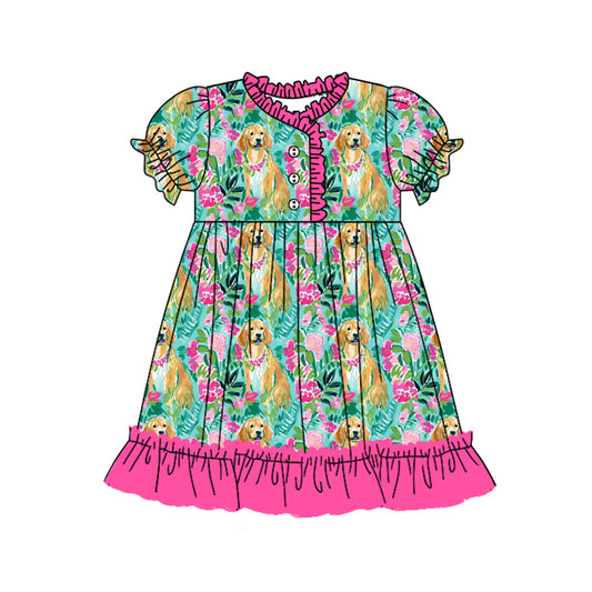 Preorder (moq 5)Baby Girls Flowers Dogs Ruffle Knee Length Dresses