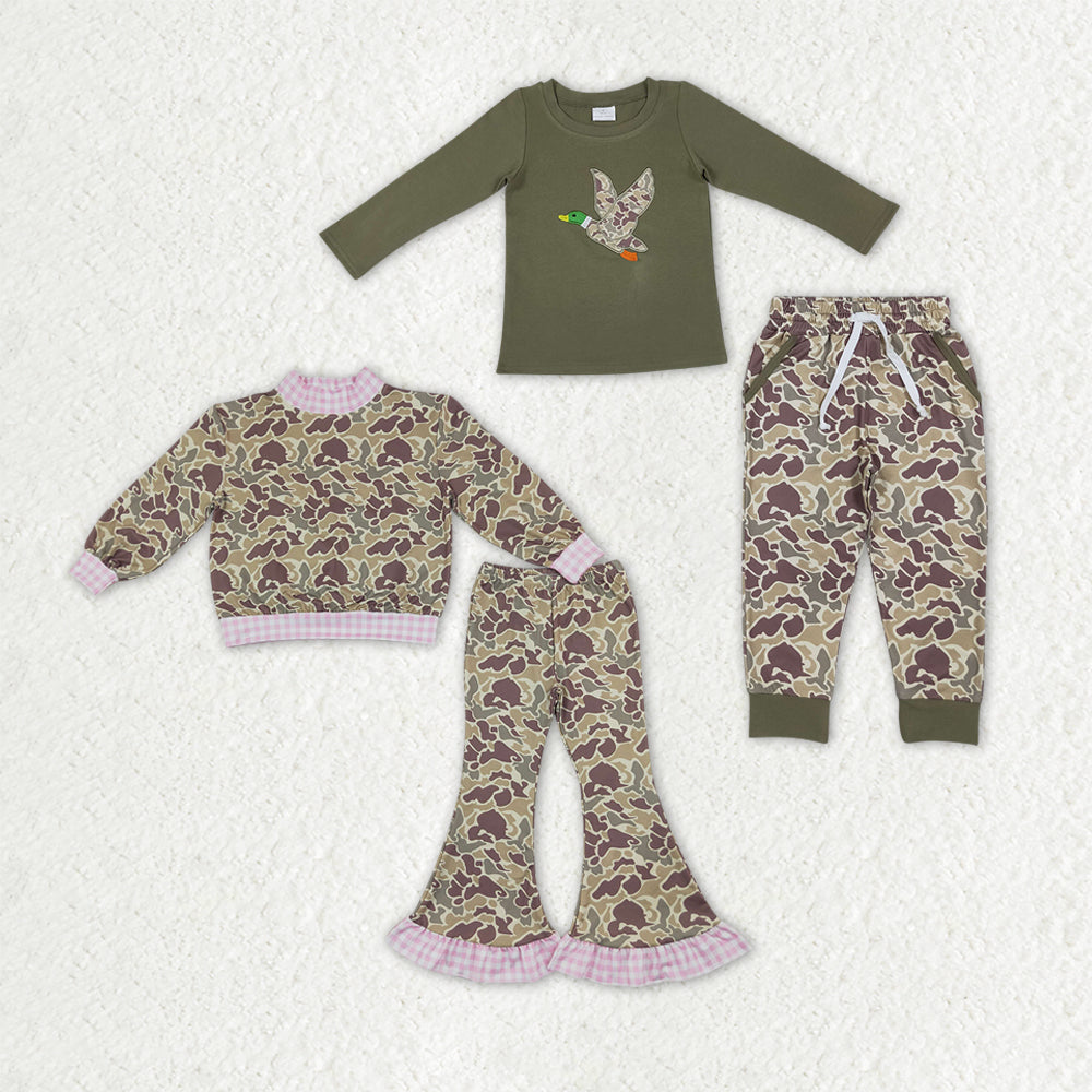 Sibling Baby Boys Girls Camo Ducks Top Pockets Jogger Pants Clothes Sets