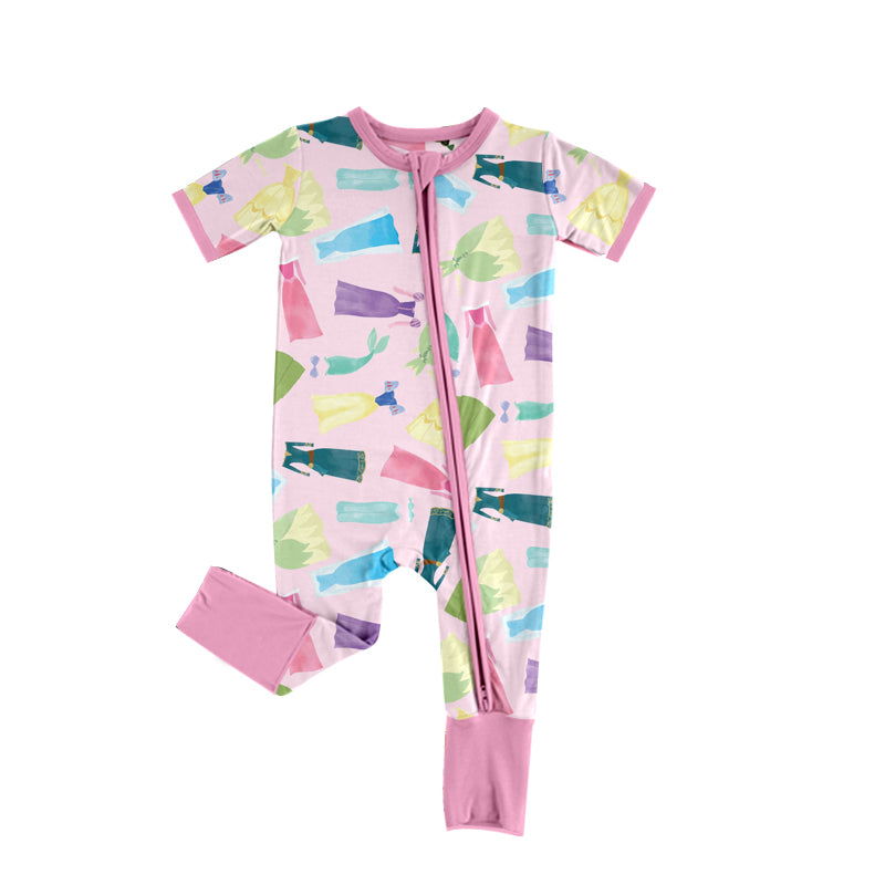 Baby Infant Girls Pink Princess Zip Short Sleeve Rompers preorder(moq 5)