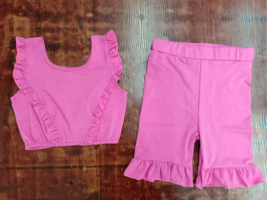 Preorder moq 5 Baby Girls Pink Sleeveless Ruffle Vest Top Mite Shorts Set