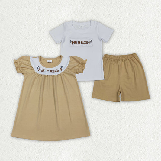 Sibling Baby Boys Girls Embroidery Crosses He is Risen Easter Clothes Sets Knee Length Dress