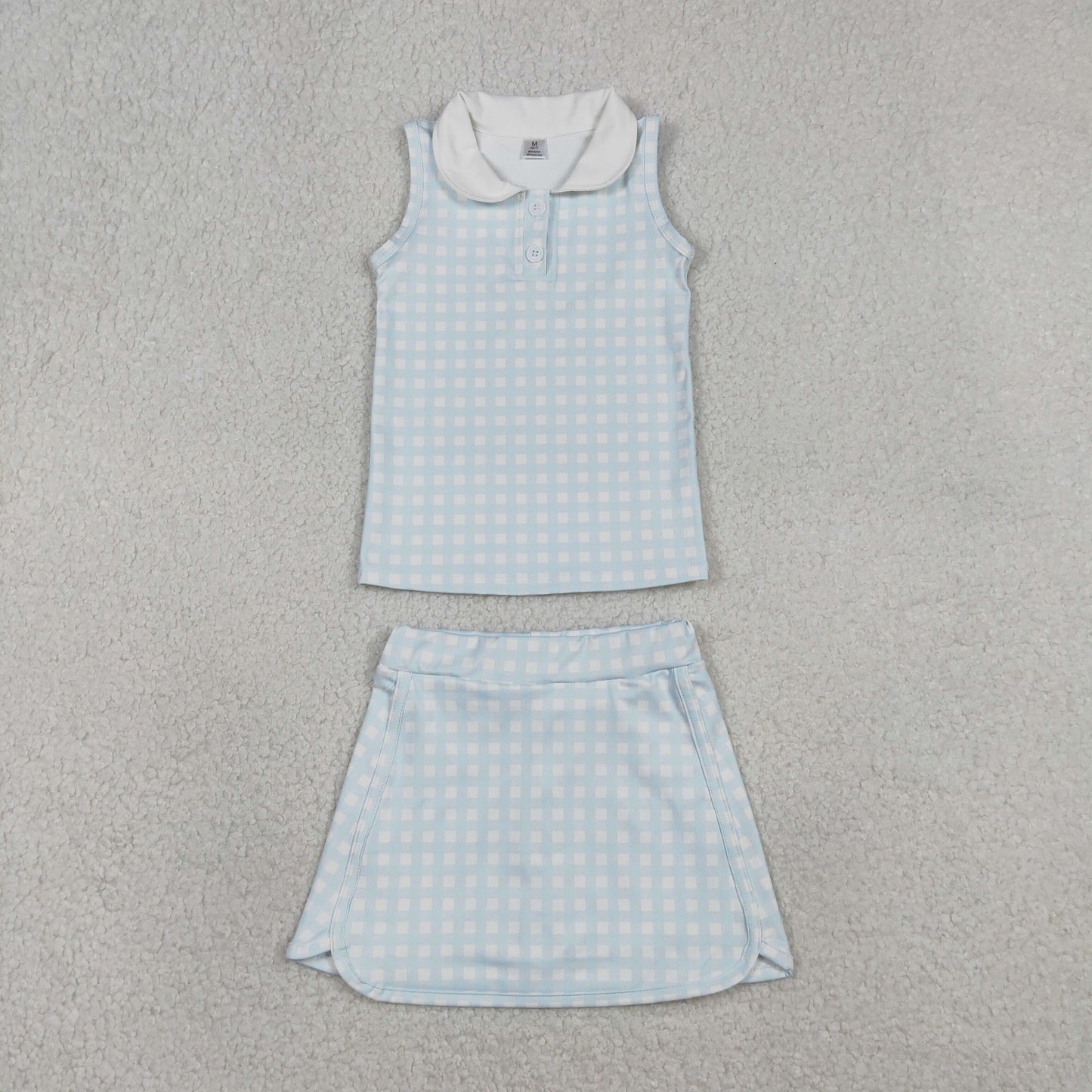 Baby Girls Light Blue Checked Button Collar Top Skirt Shorts Yoga Active Clothes Sets