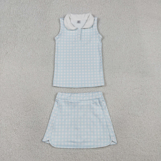 Baby Girls Light Blue Checked Button Collar Top Skirt Shorts Yoga Active Clothes Sets
