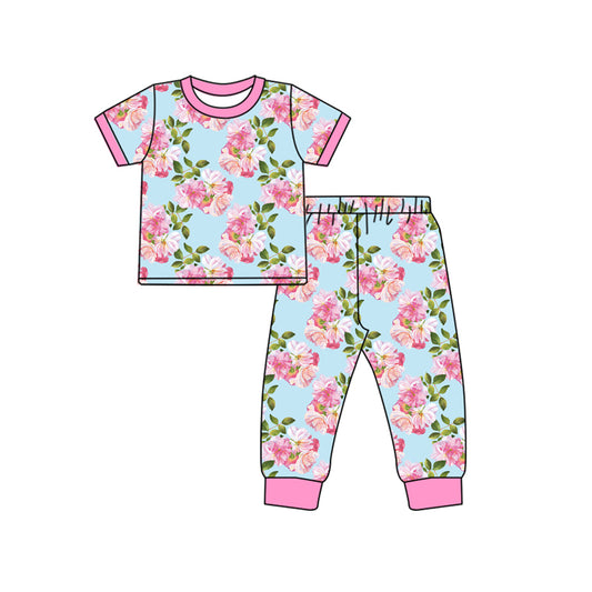 Baby Kids Pink Top Flowers Pants Pajama Girls Clothing Sets preorder(MOQ 5)