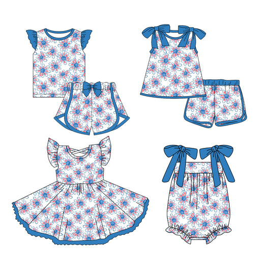 Preorder moq 5 Custom Baby Girls Blue Daisy Top Short Sets Knee Length Dress Ruffle Rompers