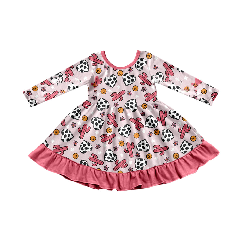 Preorder (moq 5)Baby Girls Pink Cactus Flowers Cow Print Hearts Ruffle Knee Length Dress