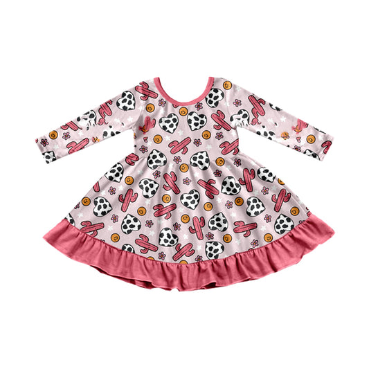 Preorder (moq 5)Baby Girls Pink Cactus Flowers Cow Print Hearts Ruffle Knee Length Dress