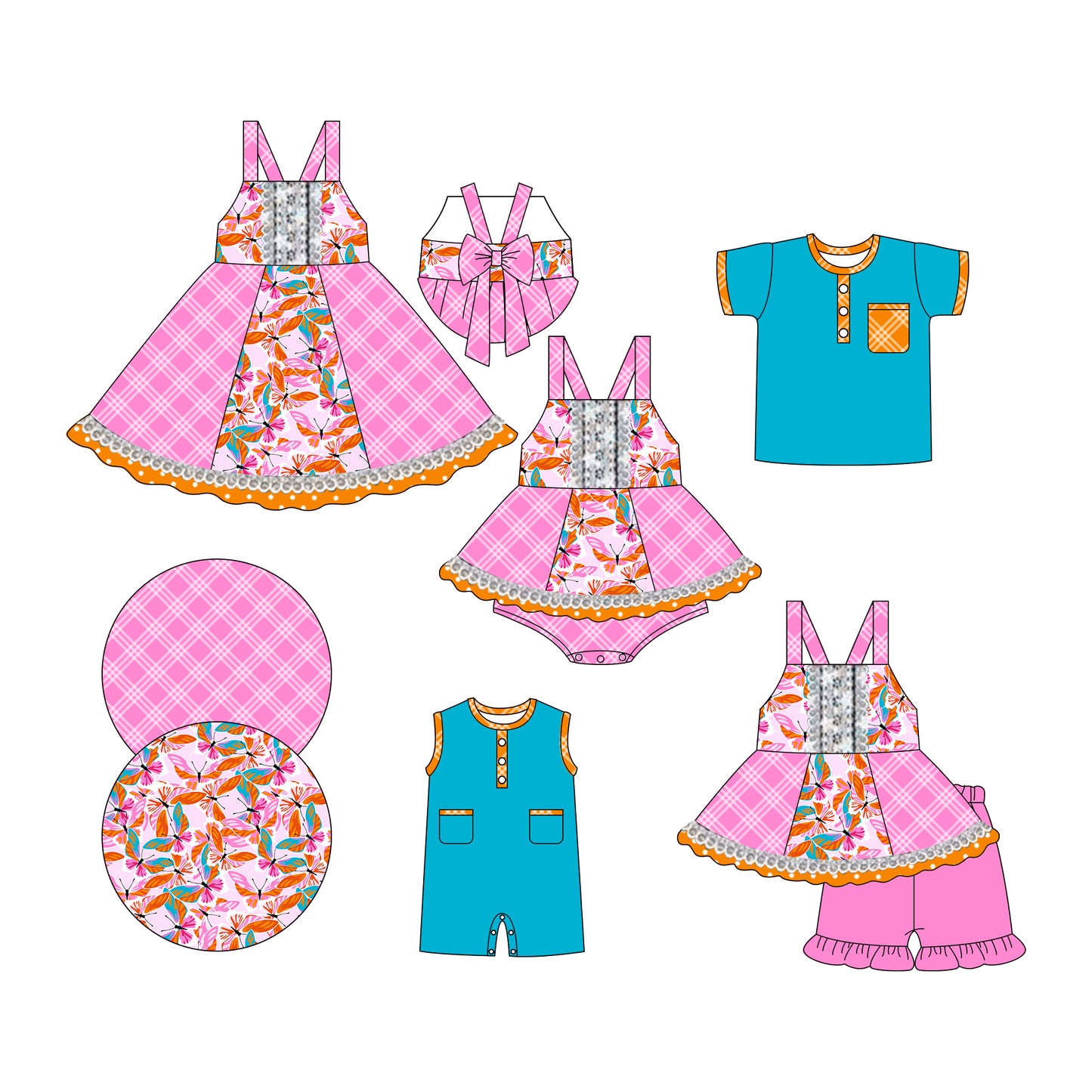 Preorder moq 5 Custom Baby Kids Strap Butterfly Plaid Tunic Ruffle Short Set Button Pocket Polo Shirts Rompers Knee Length Dress And Bummies Set