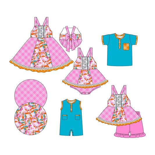 Preorder moq 5 Custom Baby Kids Strap Butterfly Plaid Tunic Ruffle Short Set Button Pocket Polo Shirts Rompers Knee Length Dress And Bummies Set