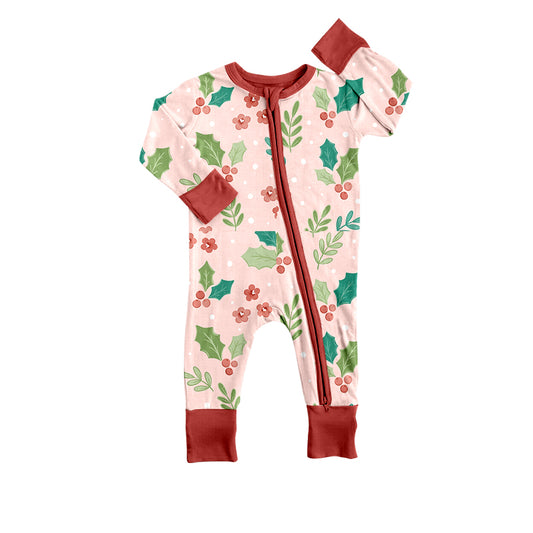 Baby Infant Girls Christmas Leaves Long Sleeve Zip Rompers preorder(moq 5)