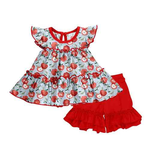 Baby Girls Apple Bows Flutter Sleeve Tunic Top Ruffle Shorts Clothes Sets preorder(moq 5)