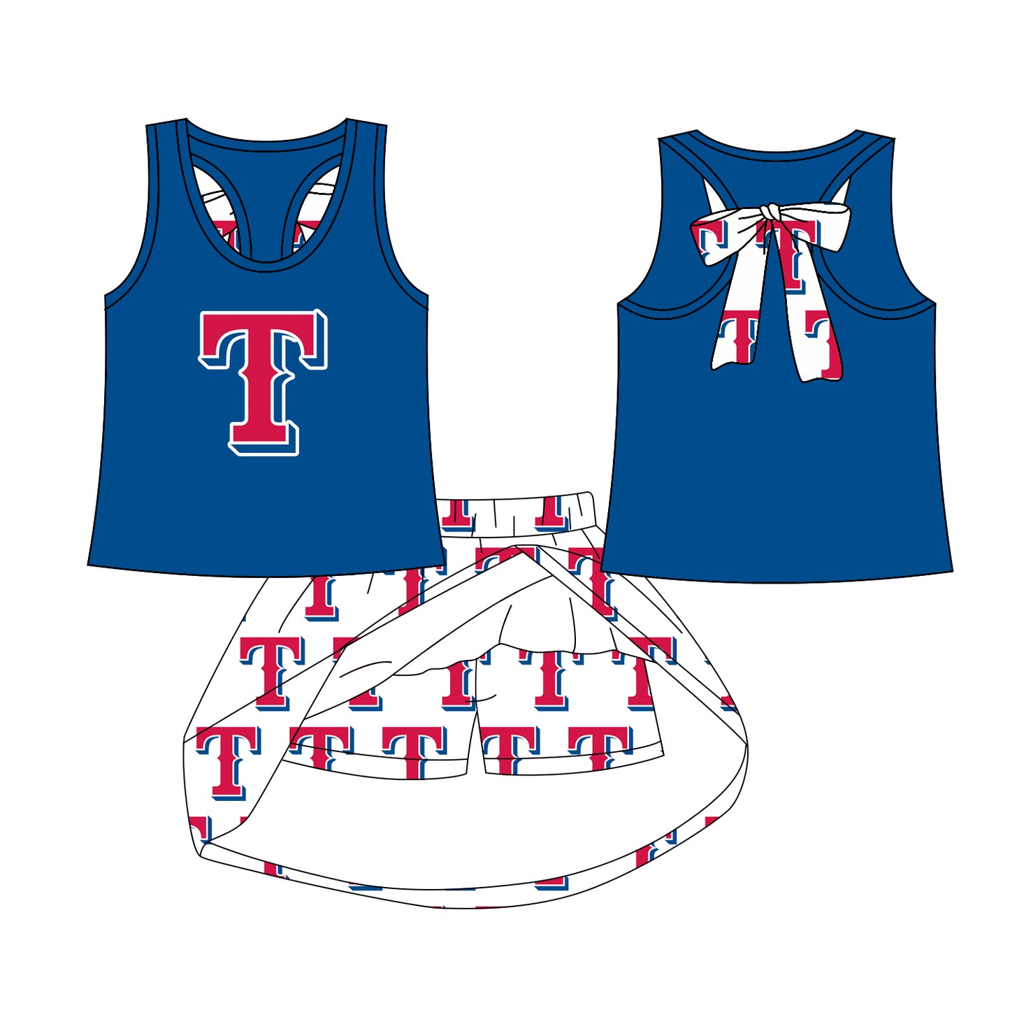Preorder (moq 5)Baby Girls Texas Blue bow vest team Top Skirt Skort Sets