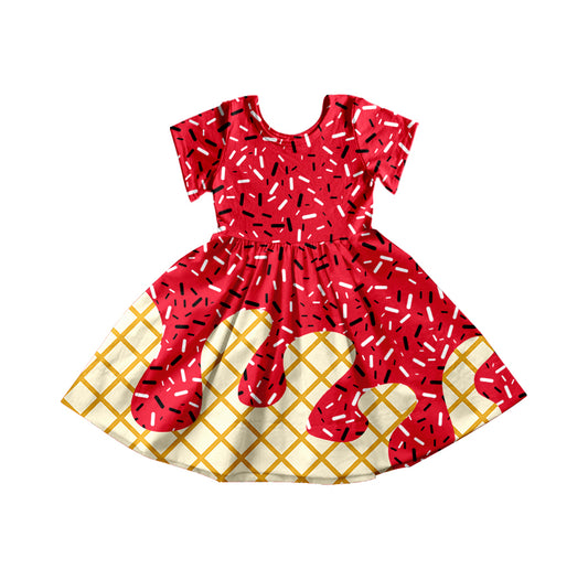 Preorder moq 5 Baby Girls Red Ice Cream Drips Sprinkles Knee Length Dresses