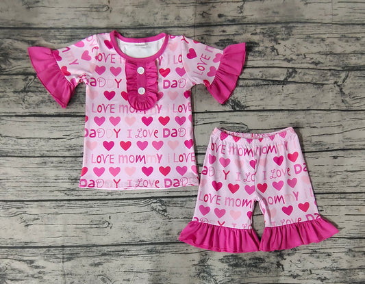 Baby Girls I Love Mom Dad Ruffle Shirts Shorts Pajamas Clothing Sets