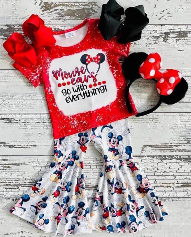 Preorder (moq 5)Baby Girls Mouse Ears Shirt Bell Pants Clothes Sets