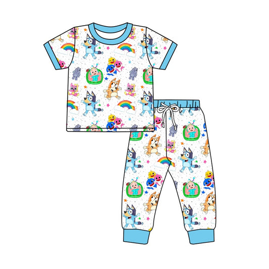 Baby Boys Cartoon Dogs Blue Rainbow Shirt Pants Pajamas Clothes Sets order preorder (moq 5)