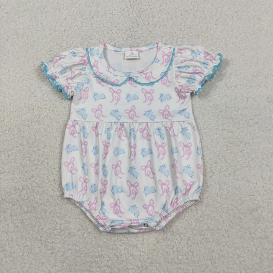 Baby Girls Short Sleeve Bows Rabbits Easter Collar Ruffle Rompers
