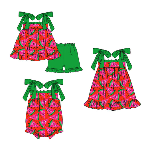 Preorder(moq 5 each)Sibling Baby Girls Watermelon Red Green Straps Romper Dress Shorts Sets