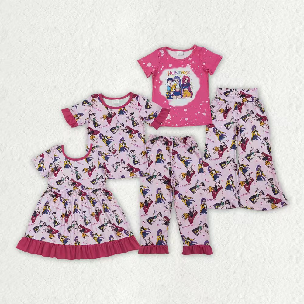 Sibling Baby Girls Pink Demon Hunter Top Flare Pants Pajamas Clothes Sets Ruffle Knee Length Dresses