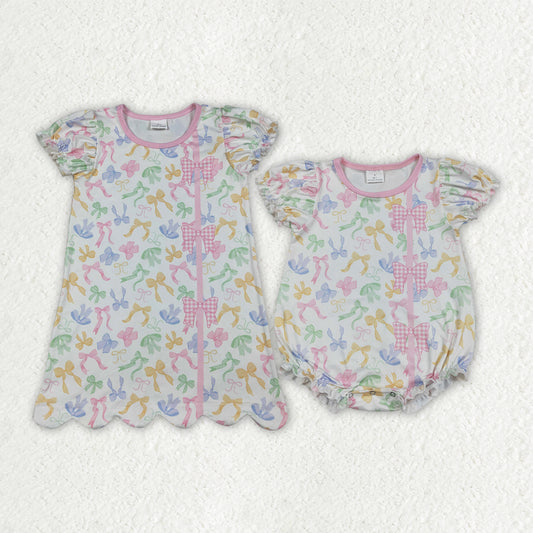 Sibling Baby Girls Short Ruffle Sleeve Colorful Bows Scallop Knee Length Dress Rompers