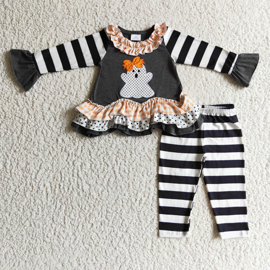 Sibling Baby Girls Black Stripe Embroidery Ghost Tunic Leggings Pants Halloween Clothes Sets Rompers