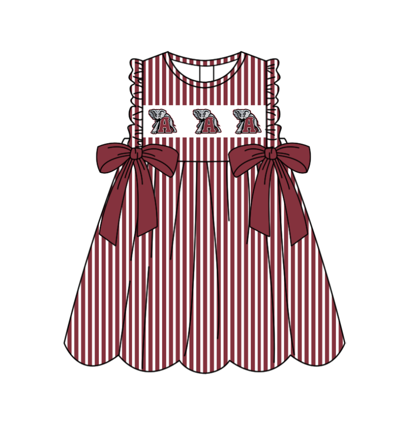 Preorder (moq 5)Baby Girls Sleeveless Dark Red Stripe A Elephants Bows Team Knee Length Dresses