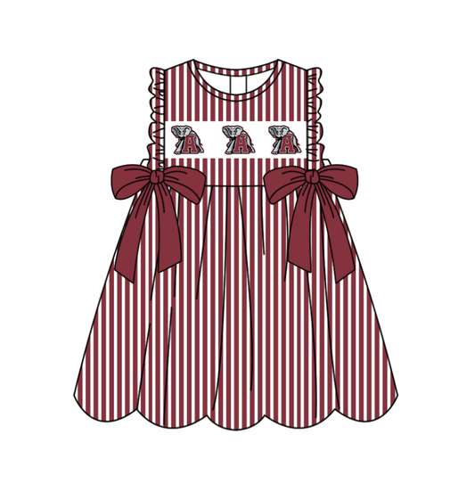 Preorder (moq 5)Baby Girls Sleeveless Dark Red Stripe A Elephants Bows Team Knee Length Dresses