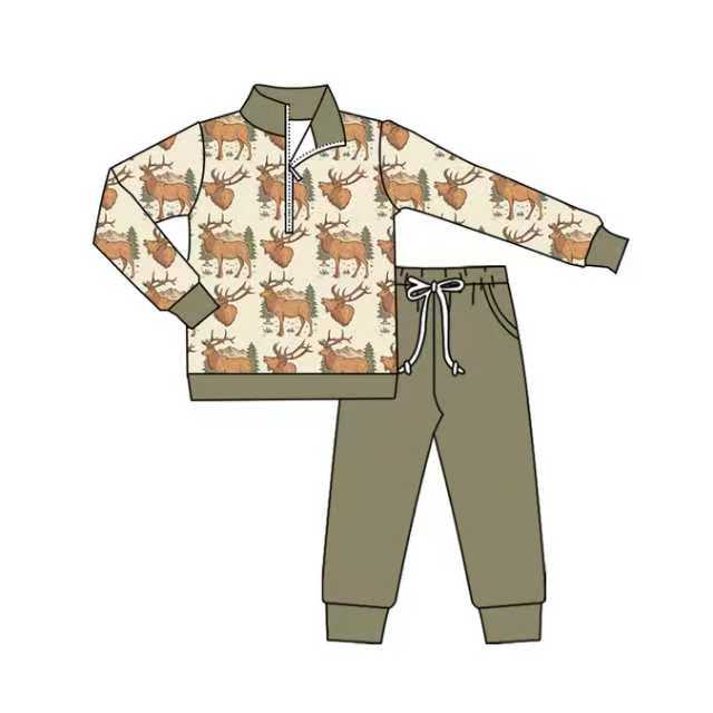 Preorder (moq 5)Baby Boys Deer Zipper Pullover Pockets Jogger Western Clothes Sets