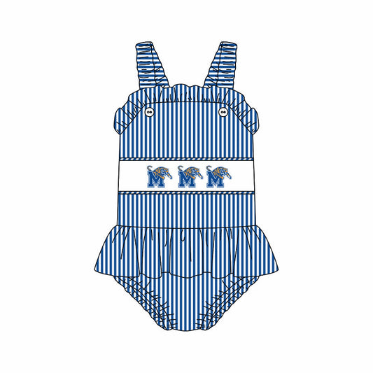 Preorder (moq 5)Baby Girls Strap Blue Stripe M Tigers Tunic Bummies Team Rompers