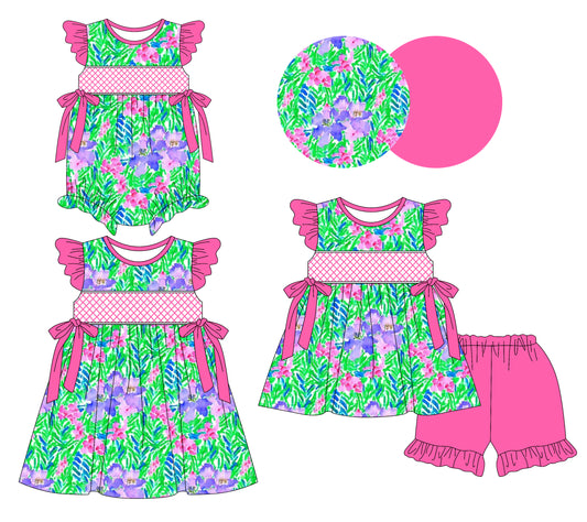 Preorder moq 5 Custom Baby Girls Hot Pink Watercolor Floral Bows Tunic Ruffle Short Set Knee Length Dress Rompers
