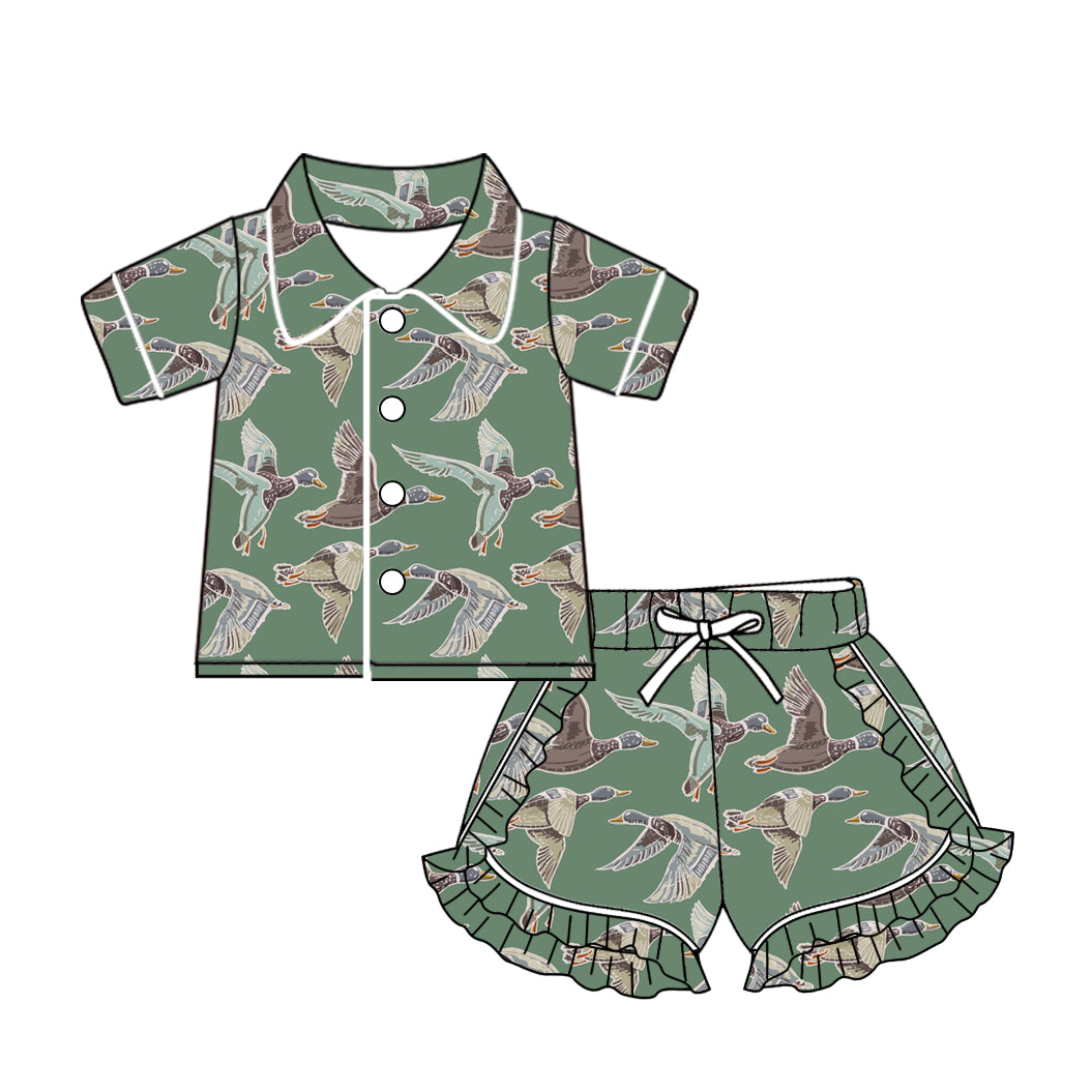 Baby Girls Mallard Ducks Buttons Top Ruffle Shorts Pajamas Sets preorder(MOQ 5)