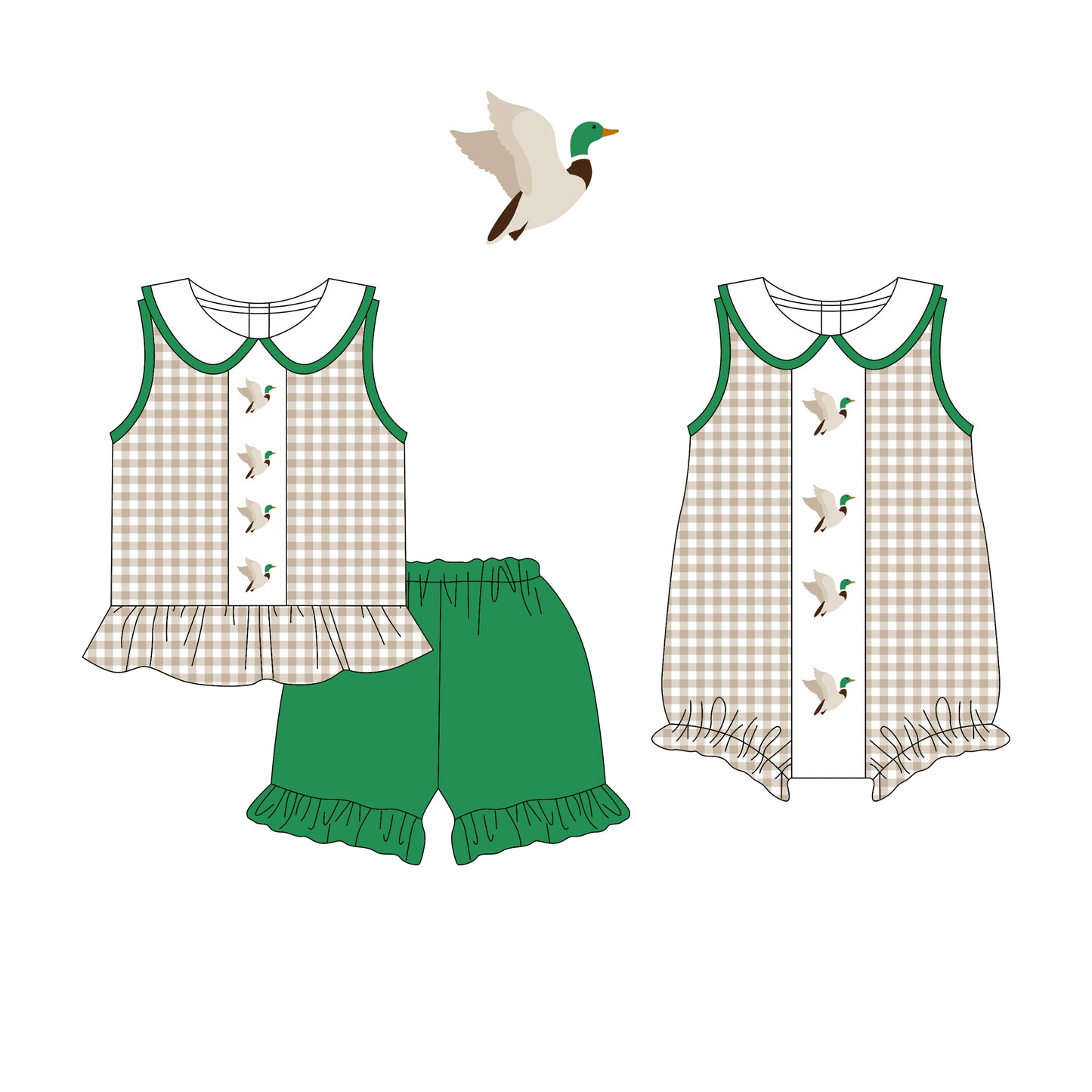 Preorder moq 5 Custom Baby Girls Khaki Plaid Sleeveless Ducks Tunic Ruffle Short Set Rompers