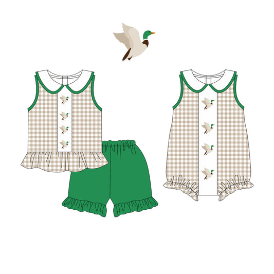 Preorder moq 5 Custom Baby Girls Khaki Plaid Sleeveless Ducks Tunic Ruffle Short Set Rompers
