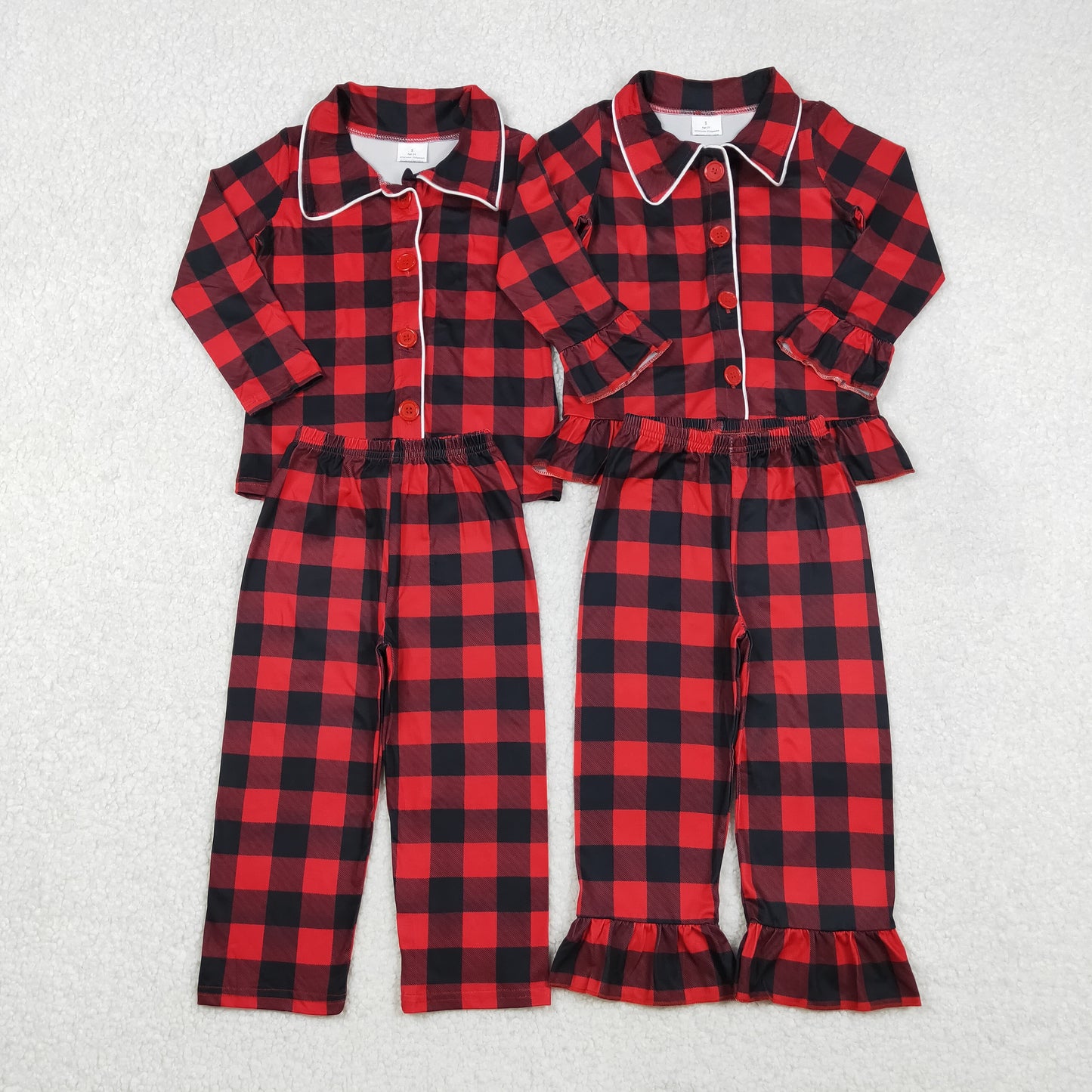 Sibling Baby Boys Girls Red Checked Button Pants Christmas Pajamas Sets
