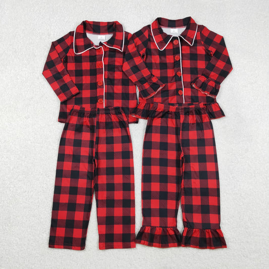 Sibling Baby Boys Girls Red Checked Button Pants Christmas Pajamas Sets