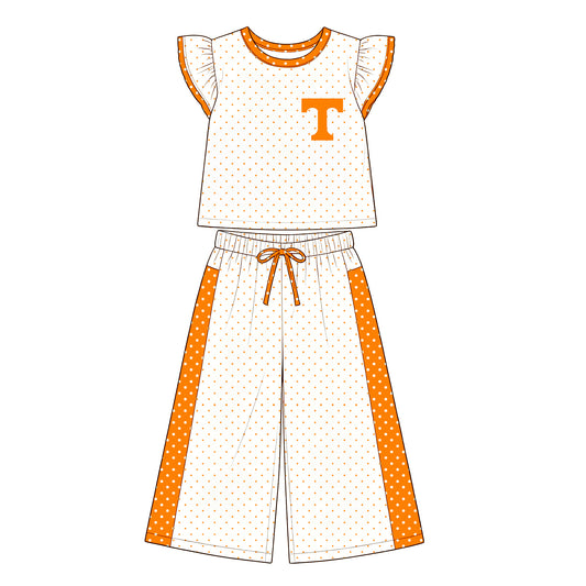 Preorder (moq 5)Baby Girls Flutter Sleeve T Polka Dots Top Flare Pant Team Clothes Set