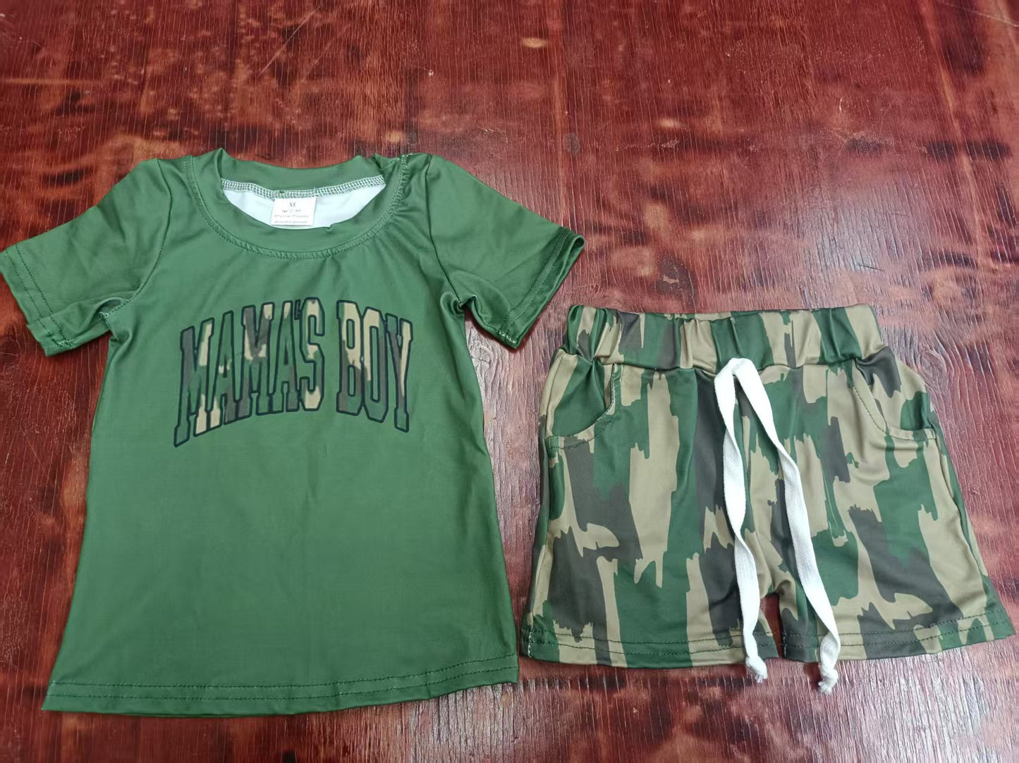 Preorder moq 5 Baby Boys Dark Green Short Sleeves Camo Mama's Boy Top Pockets Short Set