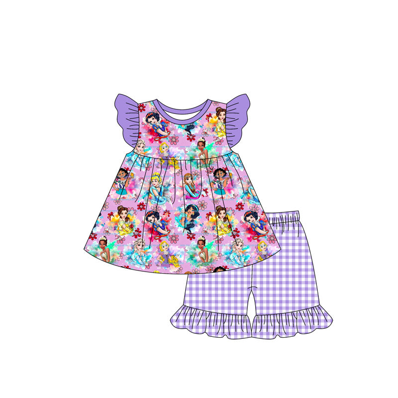 Preorder (moq 5)Baby Girls Princess Purple Tunic Top Ruffle Shorts Clothes Sets