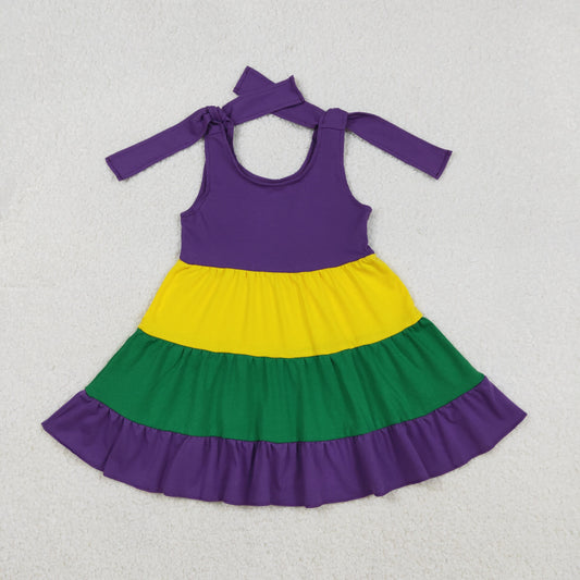 Baby Girls Bows Strap Mardigras Patchwork Ruffle Knee Length Dresses