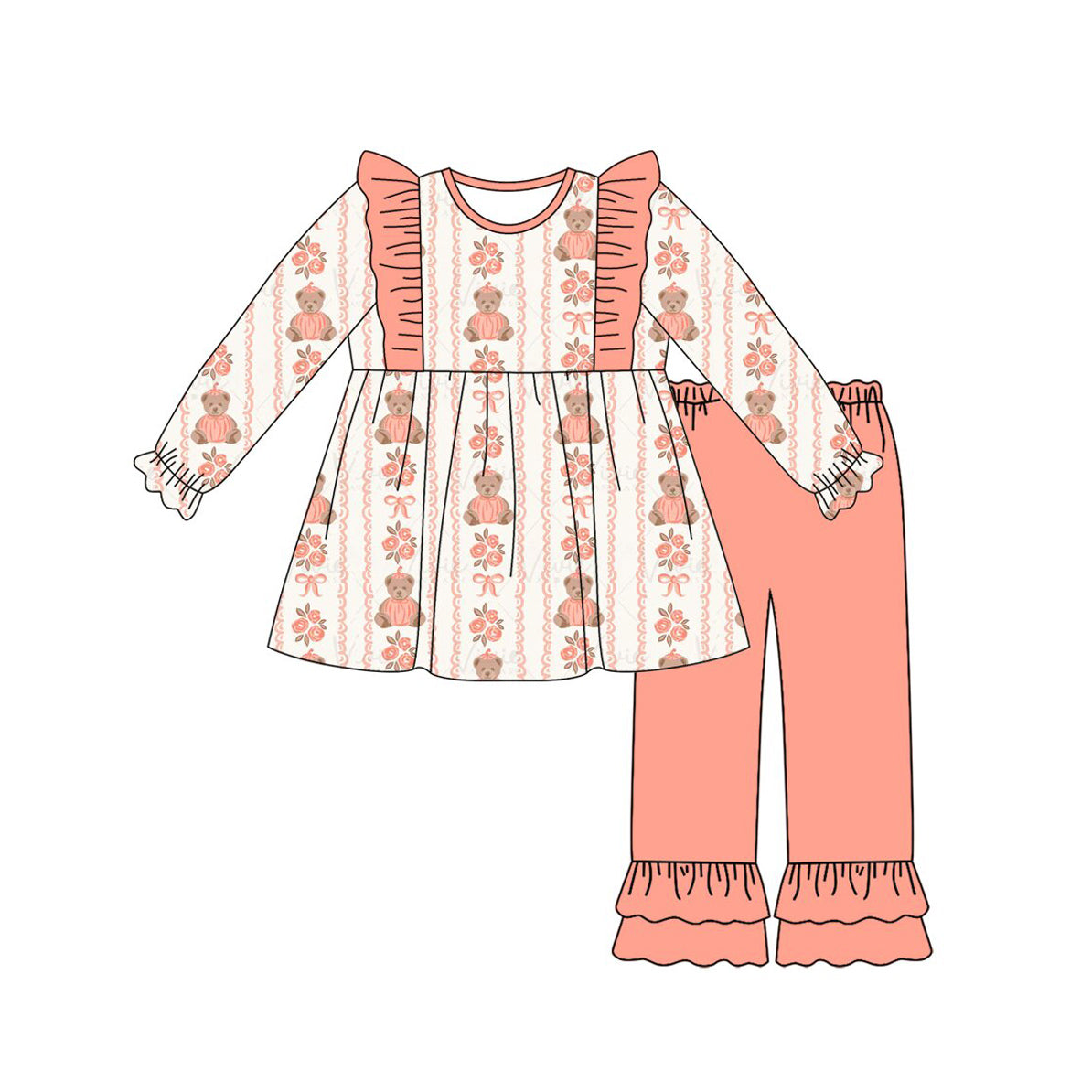 Baby Girls Bows Bears Flowers Stripe Tunic Ruffle Pant Fall Clothes Sets Preorder