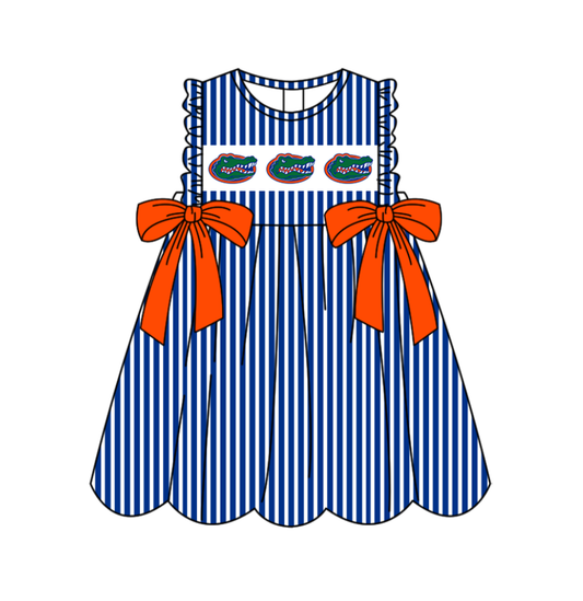 Preorder (moq 5)Baby Girls Sleeveless Blue Stripe Crocodiles Bows Team Knee Length Dresses