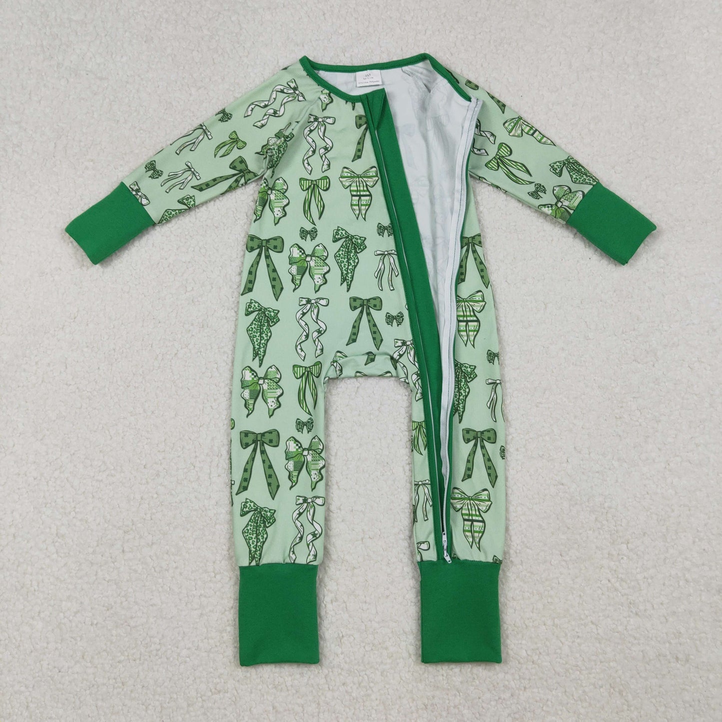 Baby Boys Green Clover Bows St Patrick Zipper Footie Rompers