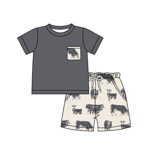 Baby Boys Grey Pocket Tee Shirts Cows Shorts Clothes Sets preorder(moq 5)