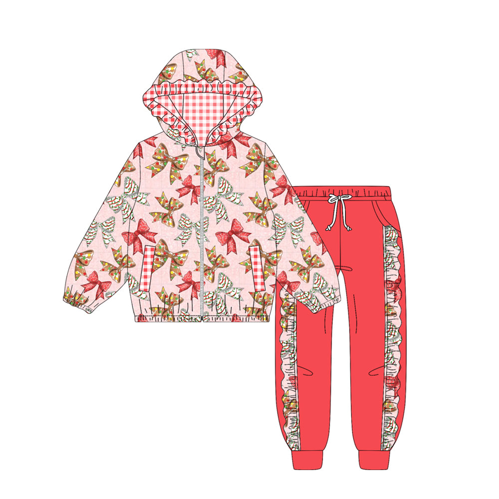 Preorder (moq 5)Baby Girls Trees Bows Pockets Zipper Hoodie Jackets Jogger Christmas Clothes Sets