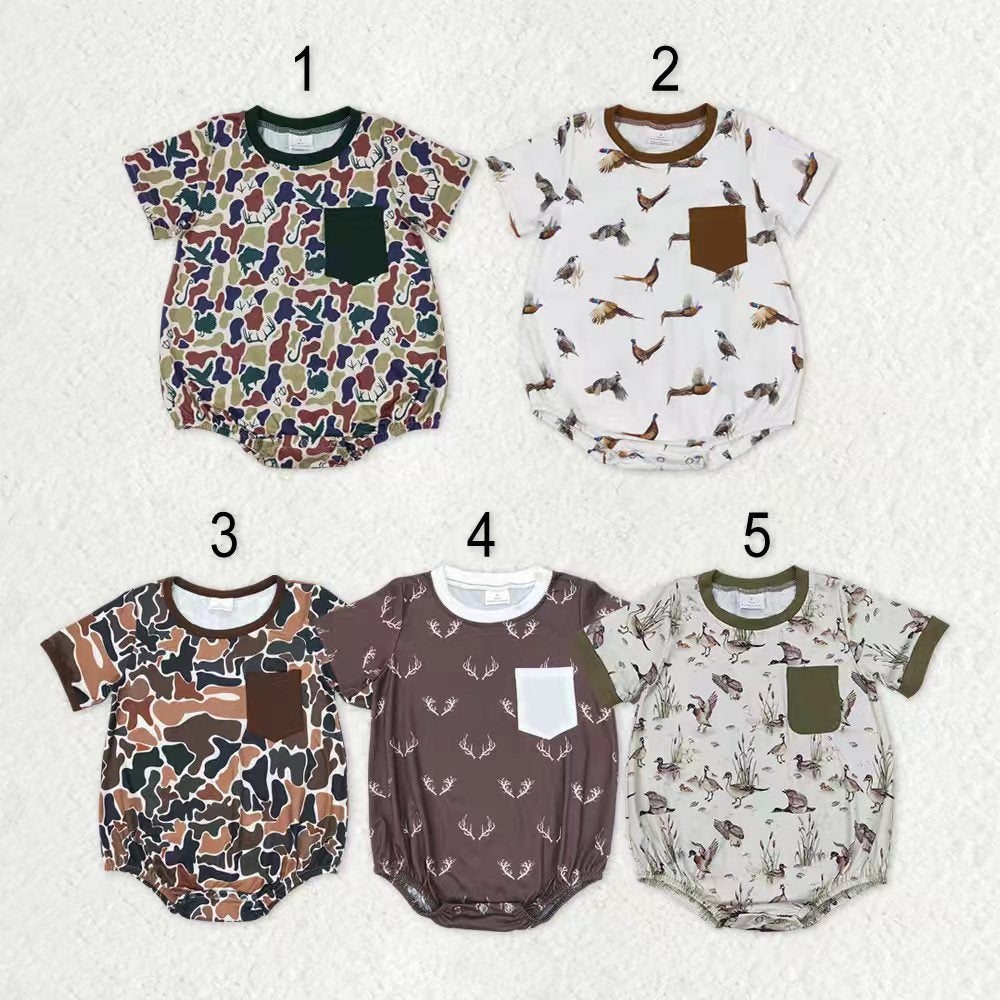 Sibling Baby Boys Short Sleeves Deer Dogs Ducks Turkey Camo Hunting Pocket Rompers