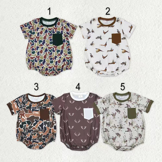 Sibling Baby Boys Short Sleeves Deer Dogs Ducks Turkey Camo Hunting Pocket Rompers