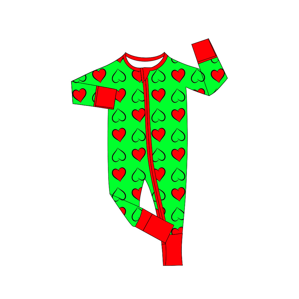 Baby Boys Christmas Hearts Green Red Long Sleeve Zip Rompers Preorder(moq 5)