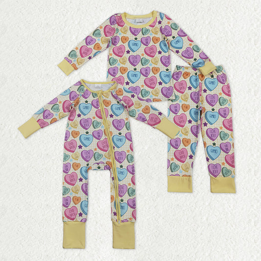 Sibling Baby Girls Colorful Hearts Stars Pants Valentines Pajamas Sets Two Way Zip Convertible Rompers
