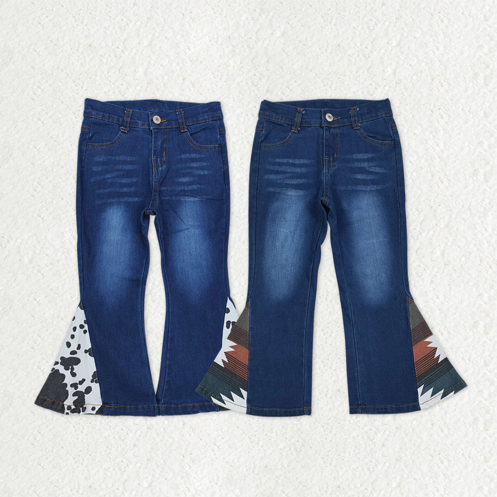 Sibling Baby Girls Western Aztec Cow Print Bell Bottom Denim Pants