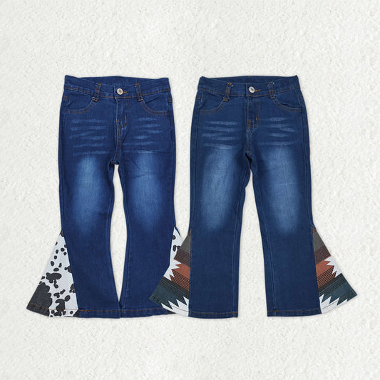 Sibling Baby Girls Western Aztec Cow Print Bell Bottom Denim Pants